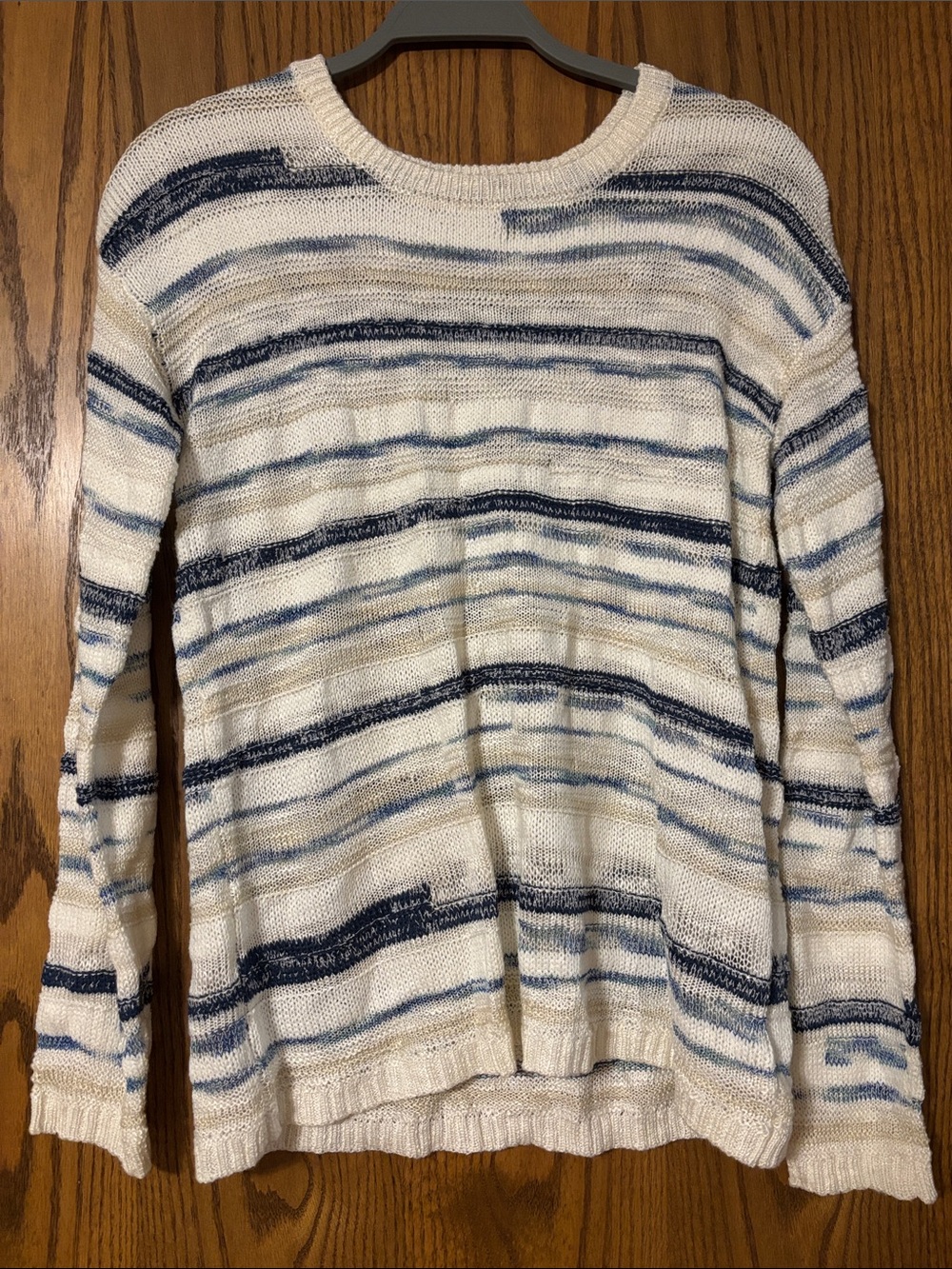Men's Striped Knit Sweater - White with Navy and Light Blue